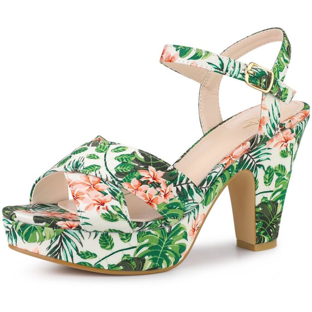 Platform Heel Slingback Green Floral Heels Sandals